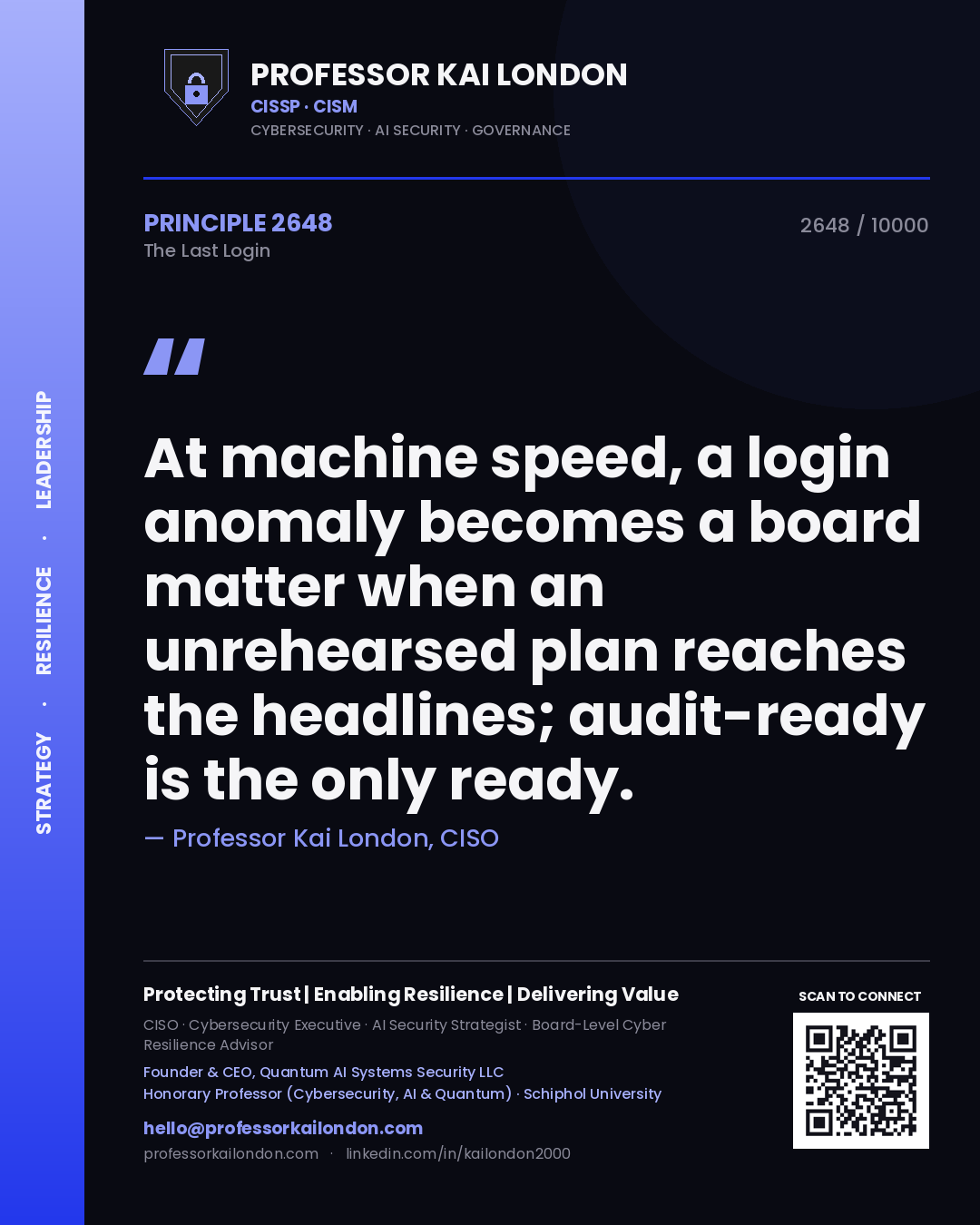 Professor Kai London principle 2648: At machine speed, a login anomaly becomes a board matter when an unrehearsed plan reaches the headlines; audit-ready is the only ready.