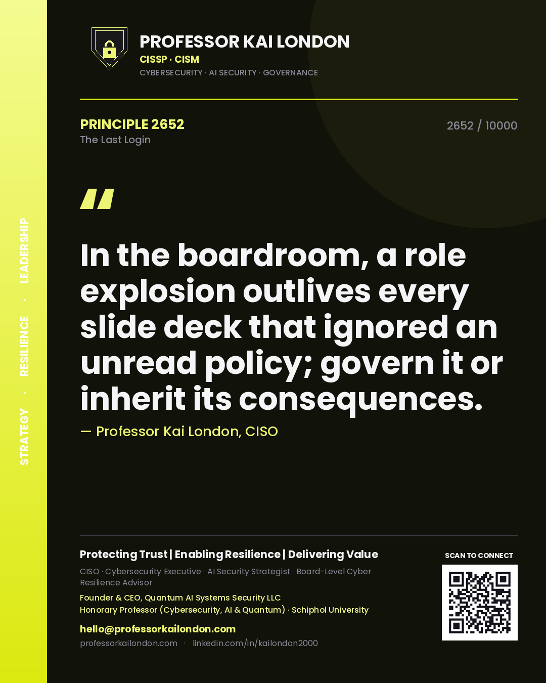 Quote card by Professor Kai London reading 'In the boardroom, a role explosion outlives every slide deck that ignored an unread policy; govern it or inherit its consequences.'. From the book The Last Login.