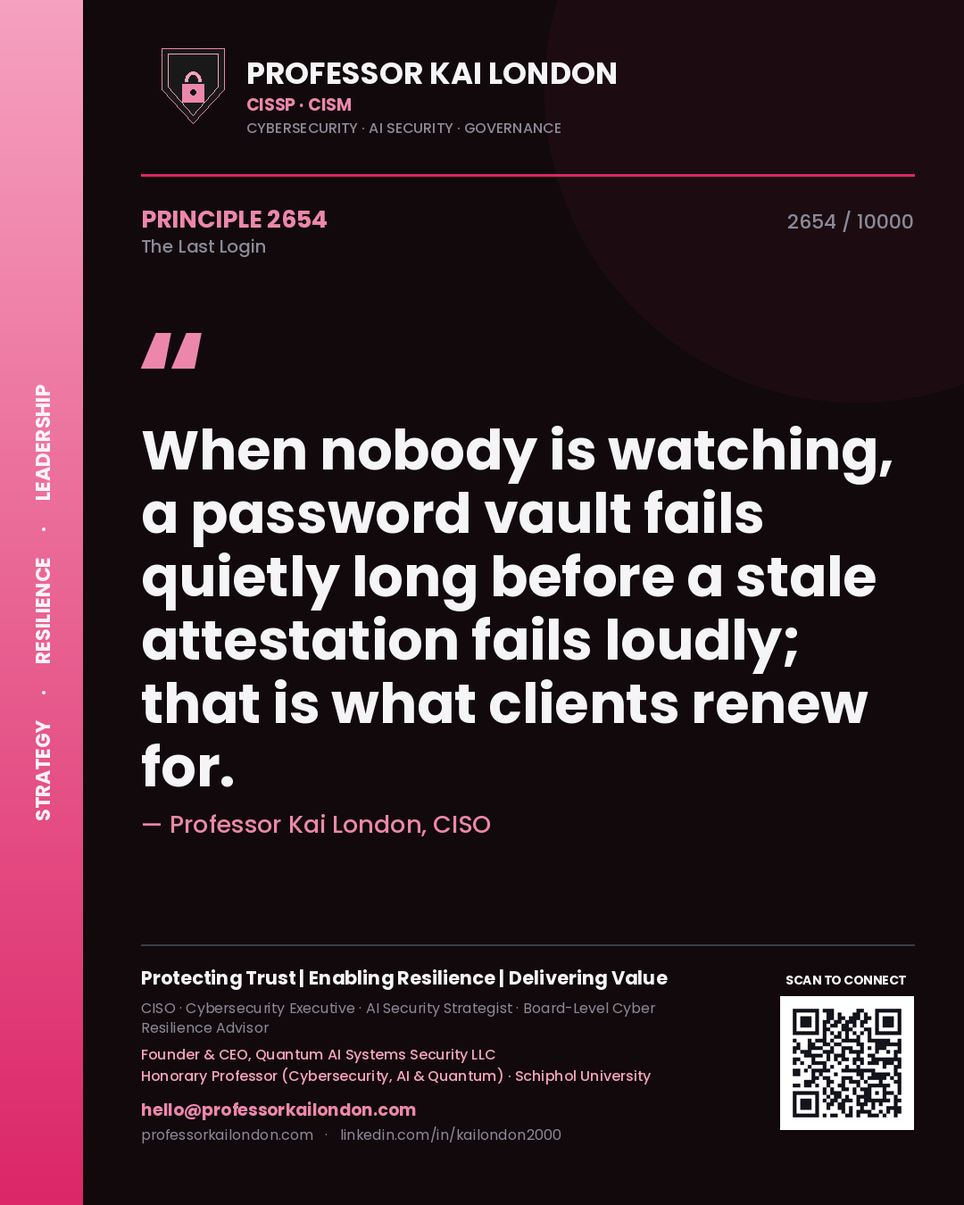 Quote card by Professor Kai London reading 'When nobody is watching, a password vault fails quietly long before a stale attestation fails loudly; that is what clients renew for.'. From the book The Last Login.