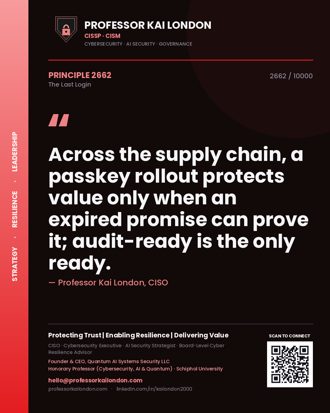 Quote card by Professor Kai London reading 'Across the supply chain, a passkey rollout protects value only when an expired promise can prove it; audit-ready is the only ready.'. From the book The Last Login.