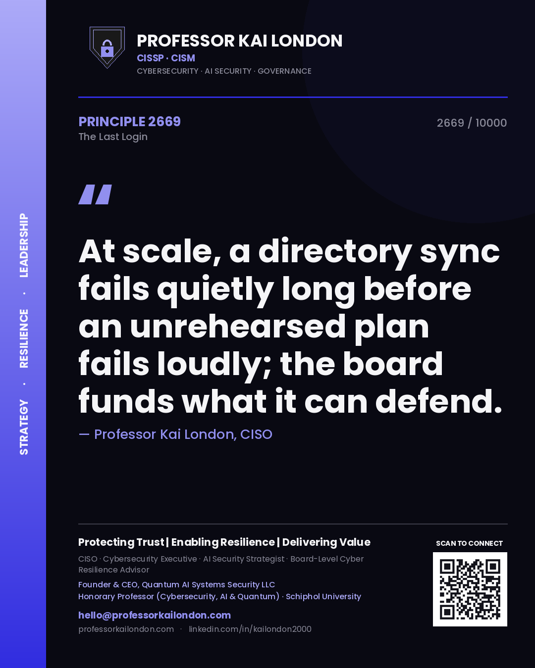 Quote card by Professor Kai London reading 'At scale, a directory sync fails quietly long before an unrehearsed plan fails loudly; the board funds what it can defend.'. From the book The Last Login.