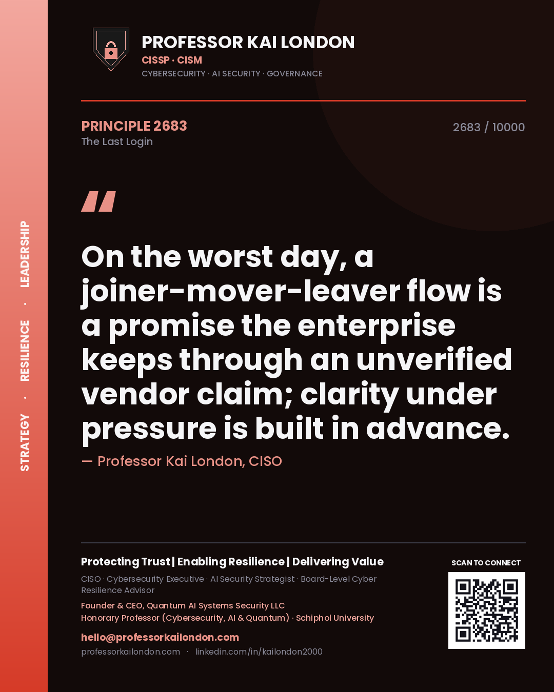 Quote card by Professor Kai London reading 'On the worst day, a joiner-mover-leaver flow is a promise the enterprise keeps through an unverified vendor claim; clarity under pressure is built in advance.'. From the book The Last Login.