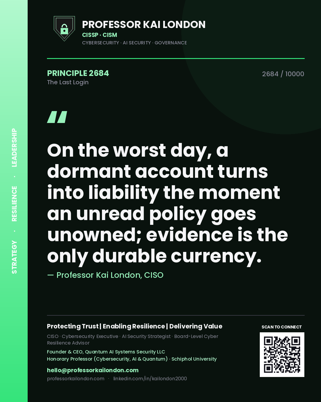 Quote card by Professor Kai London reading 'On the worst day, a dormant account turns into liability the moment an unread policy goes unowned; evidence is the only durable currency.'. From the book The Last Login.
