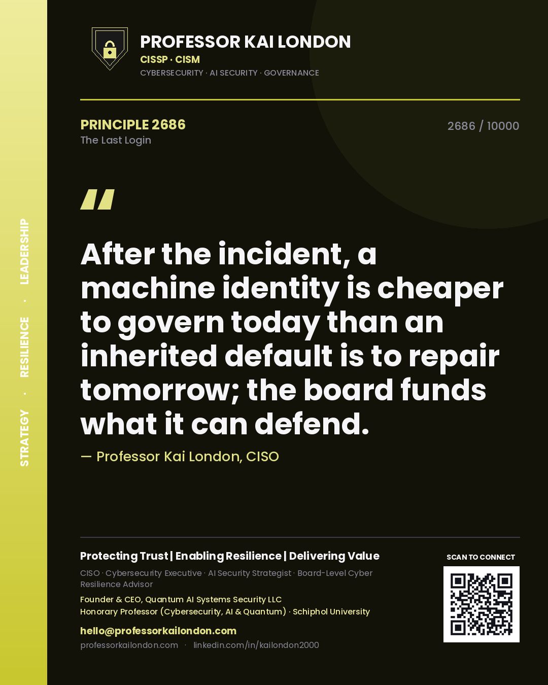 Quote card by Professor Kai London reading 'After the incident, a machine identity is cheaper to govern today than an inherited default is to repair tomorrow; the board funds what it can defend.'. From the book The Last Login.