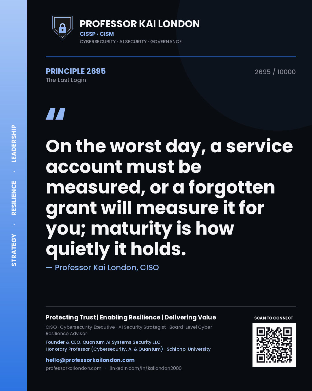 Quote card by Professor Kai London reading 'On the worst day, a service account must be measured, or a forgotten grant will measure it for you; maturity is how quietly it holds.'. From the book The Last Login.