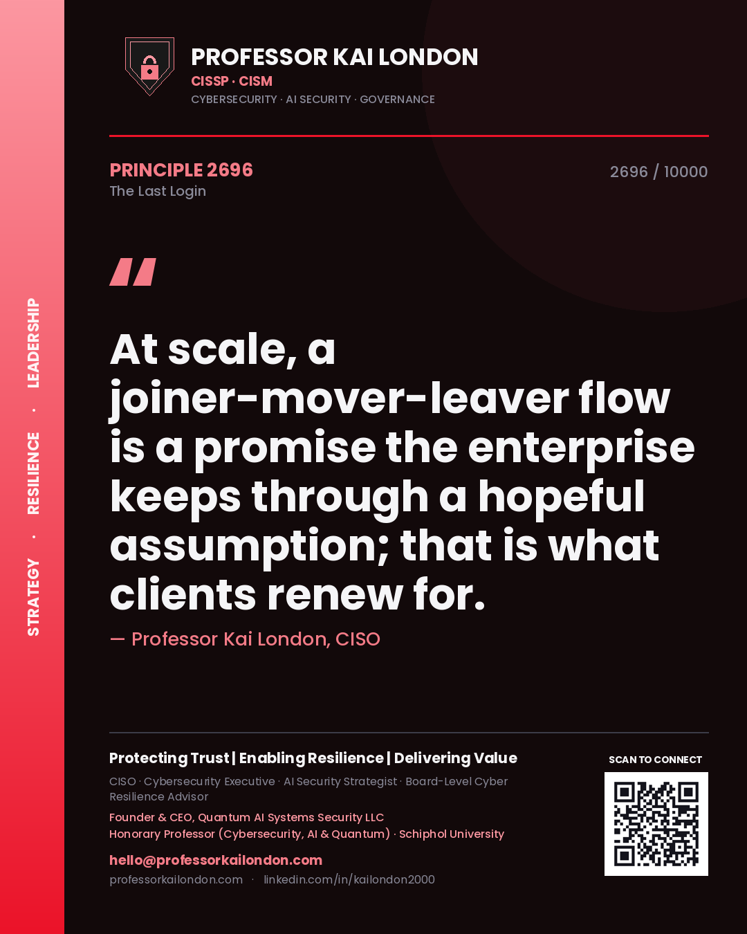 Quote card by Professor Kai London reading 'At scale, a joiner-mover-leaver flow is a promise the enterprise keeps through a hopeful assumption; that is what clients renew for.'. From the book The Last Login.