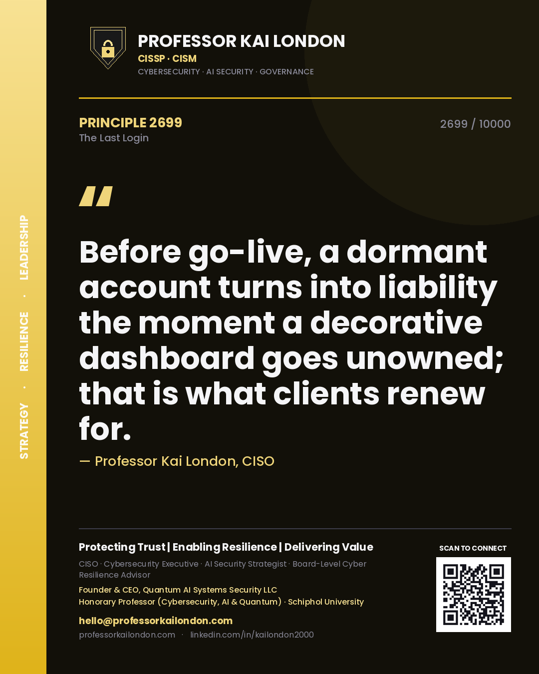 Professor Kai London principle 2699: Before go-live, a dormant account turns into liability the moment a decorative dashboard goes unowned; that is what clients renew for.