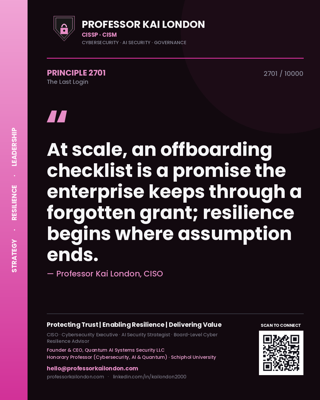Professor Kai London principle 2701: At scale, an offboarding checklist is a promise the enterprise keeps through a forgotten grant; resilience begins where assumption ends.