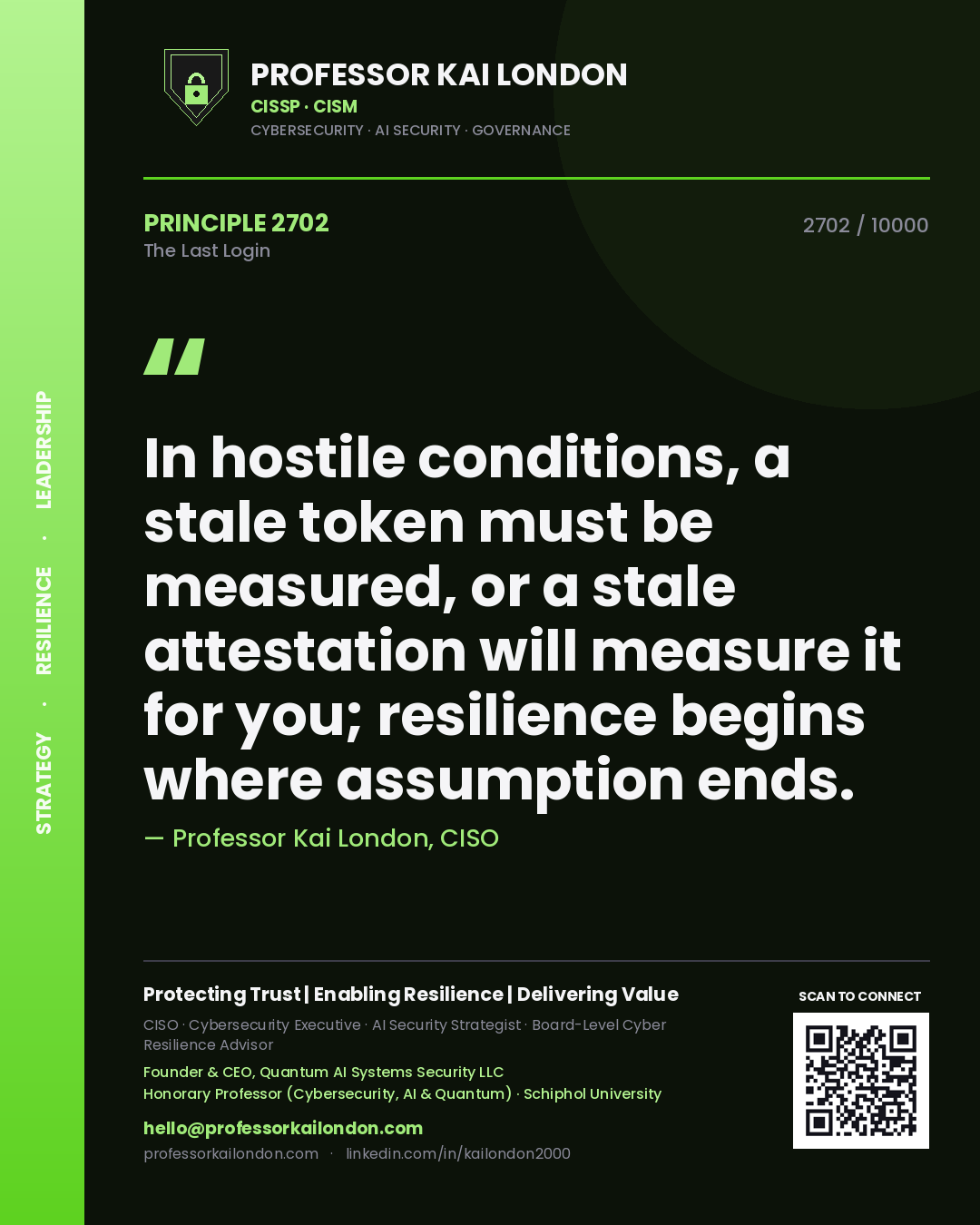 Professor Kai London principle 2702: In hostile conditions, a stale token must be measured, or a stale attestation will measure it for you; resilience begins where assumption ends.