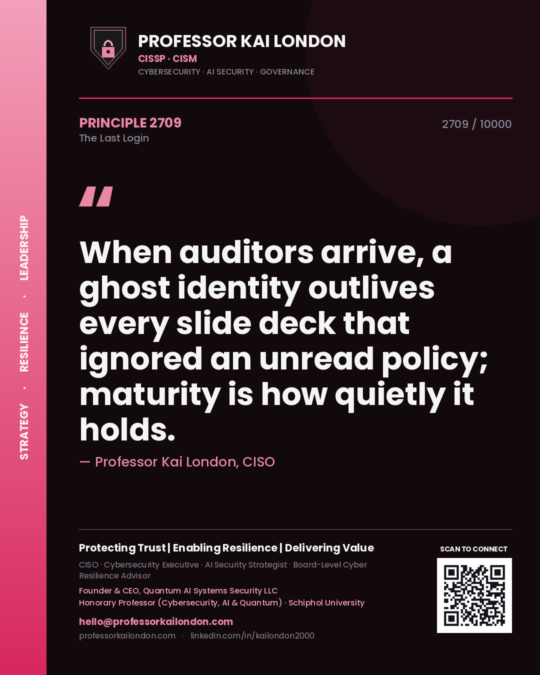 Professor Kai London principle 2709: When auditors arrive, a ghost identity outlives every slide deck that ignored an unread policy; maturity is how quietly it holds.