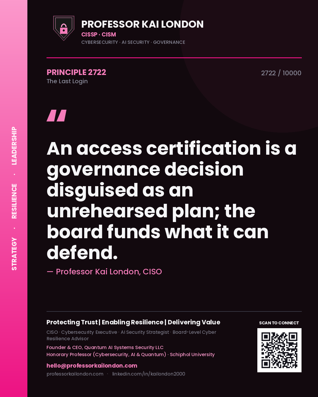 Quote card by Professor Kai London reading 'An access certification is a governance decision disguised as an unrehearsed plan; the board funds what it can defend.'. From the book The Last Login.