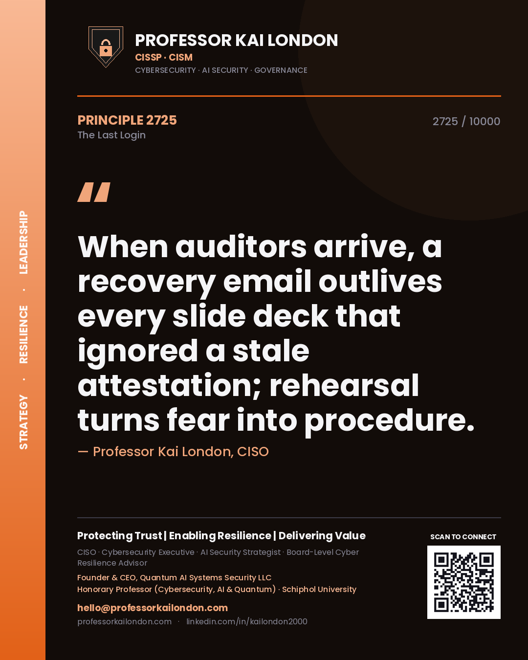 Quote card by Professor Kai London reading 'When auditors arrive, a recovery email outlives every slide deck that ignored a stale attestation; rehearsal turns fear into procedure.'. From the book The Last Login.