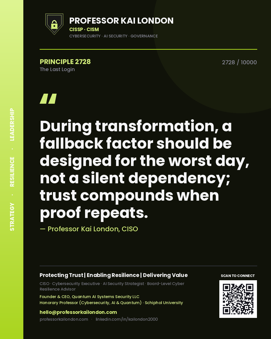 Quote card by Professor Kai London reading 'During transformation, a fallback factor should be designed for the worst day, not a silent dependency; trust compounds when proof repeats.'. From the book The Last Login.