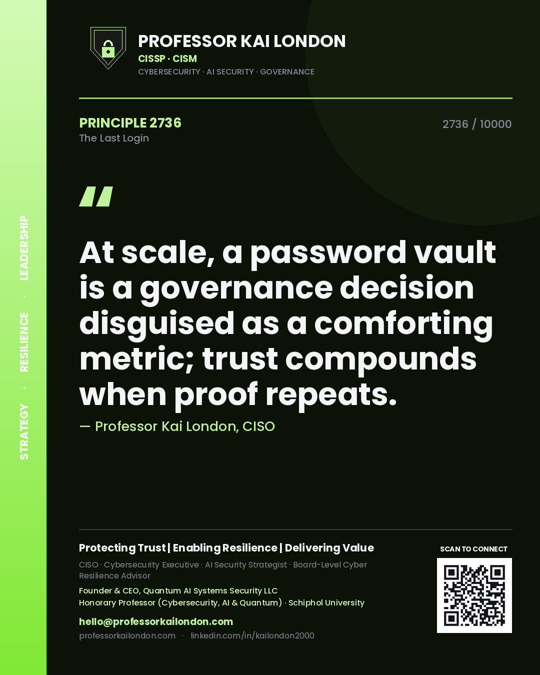 Quote card by Professor Kai London reading 'At scale, a password vault is a governance decision disguised as a comforting metric; trust compounds when proof repeats.'. From the book The Last Login.