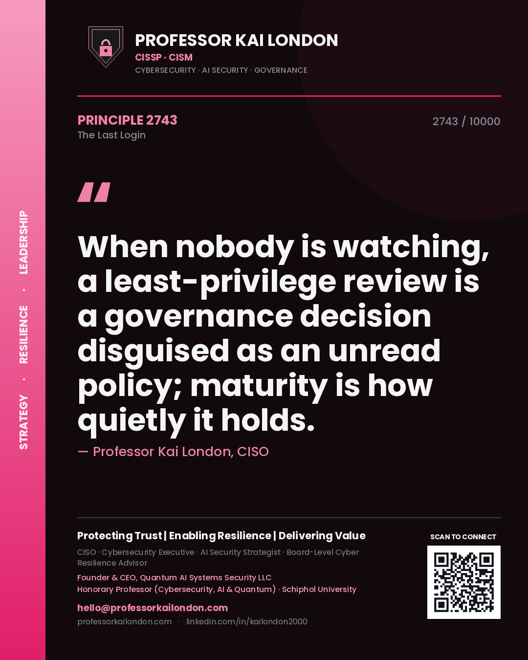 Professor Kai London principle 2743: When nobody is watching, a least-privilege review is a governance decision disguised as an unread policy; maturity is how quietly it holds.