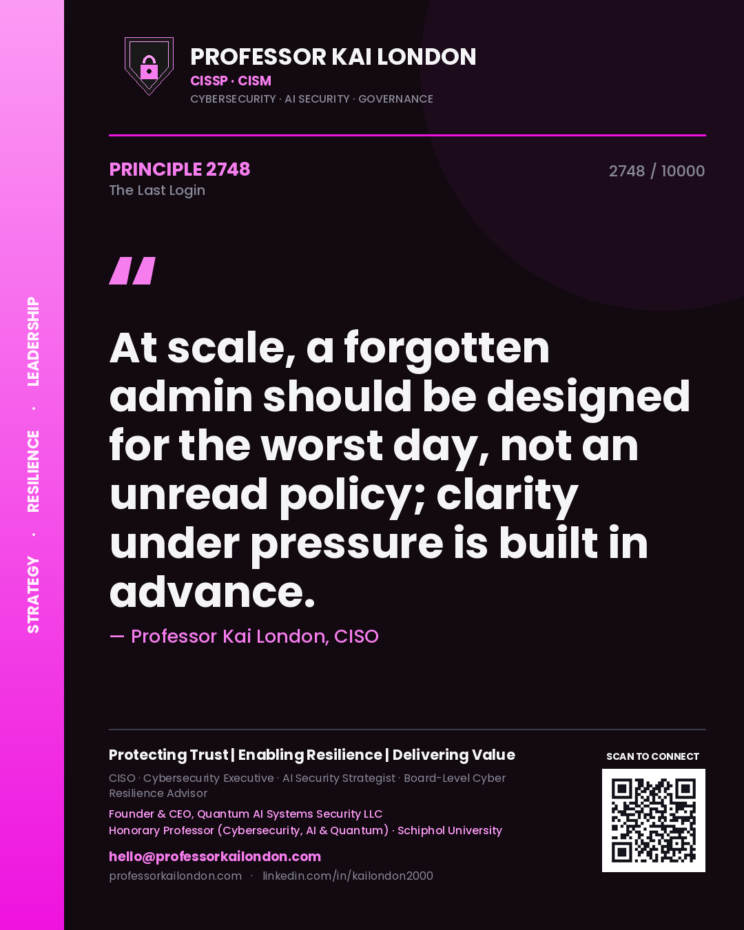 Quote card by Professor Kai London reading 'At scale, a forgotten admin should be designed for the worst day, not an unread policy; clarity under pressure is built in advance.'. From the book The Last Login.