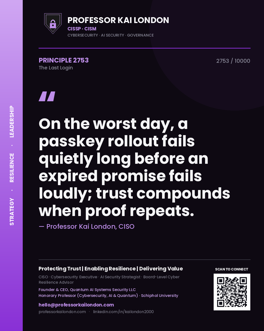 Professor Kai London principle 2753: On the worst day, a passkey rollout fails quietly long before an expired promise fails loudly; trust compounds when proof repeats.