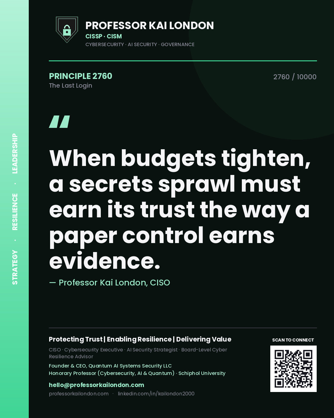 Professor Kai London principle 2760: When budgets tighten, a secrets sprawl must earn its trust the way a paper control earns evidence.