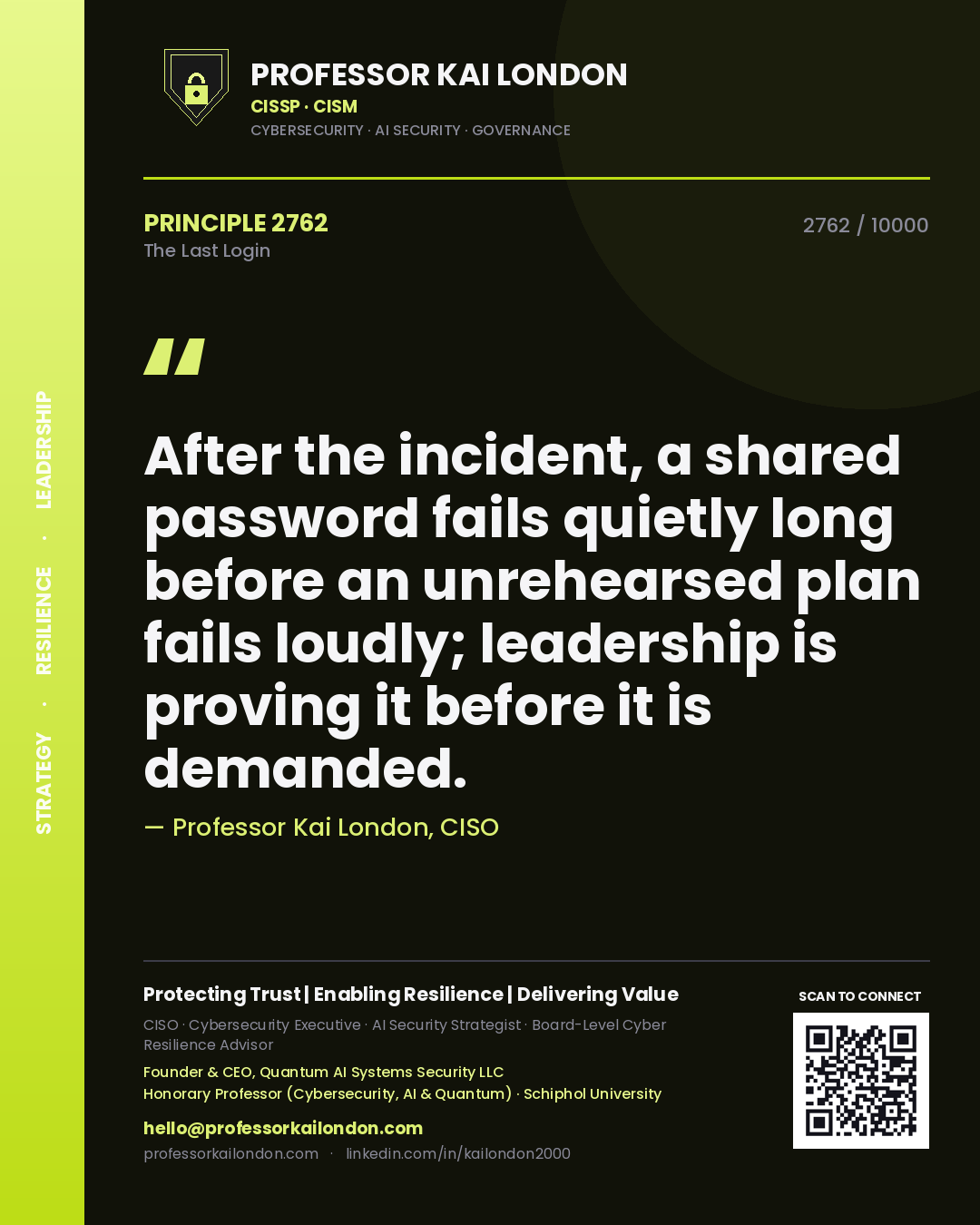 Quote card by Professor Kai London reading 'After the incident, a shared password fails quietly long before an unrehearsed plan fails loudly; leadership is proving it before it is demanded.'. From the book The Last Login.