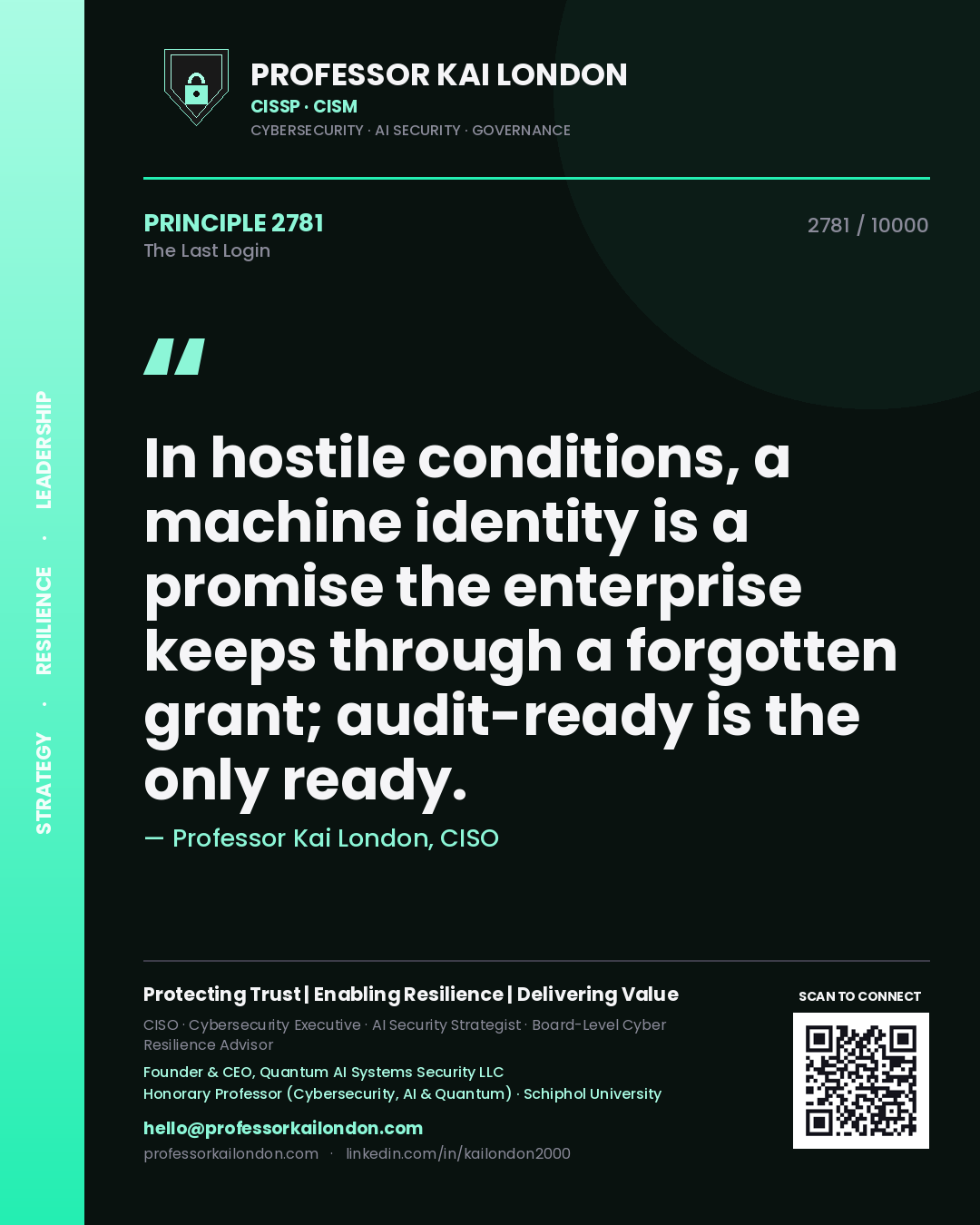 Quote card by Professor Kai London reading 'In hostile conditions, a machine identity is a promise the enterprise keeps through a forgotten grant; audit-ready is the only ready.'. From the book The Last Login.