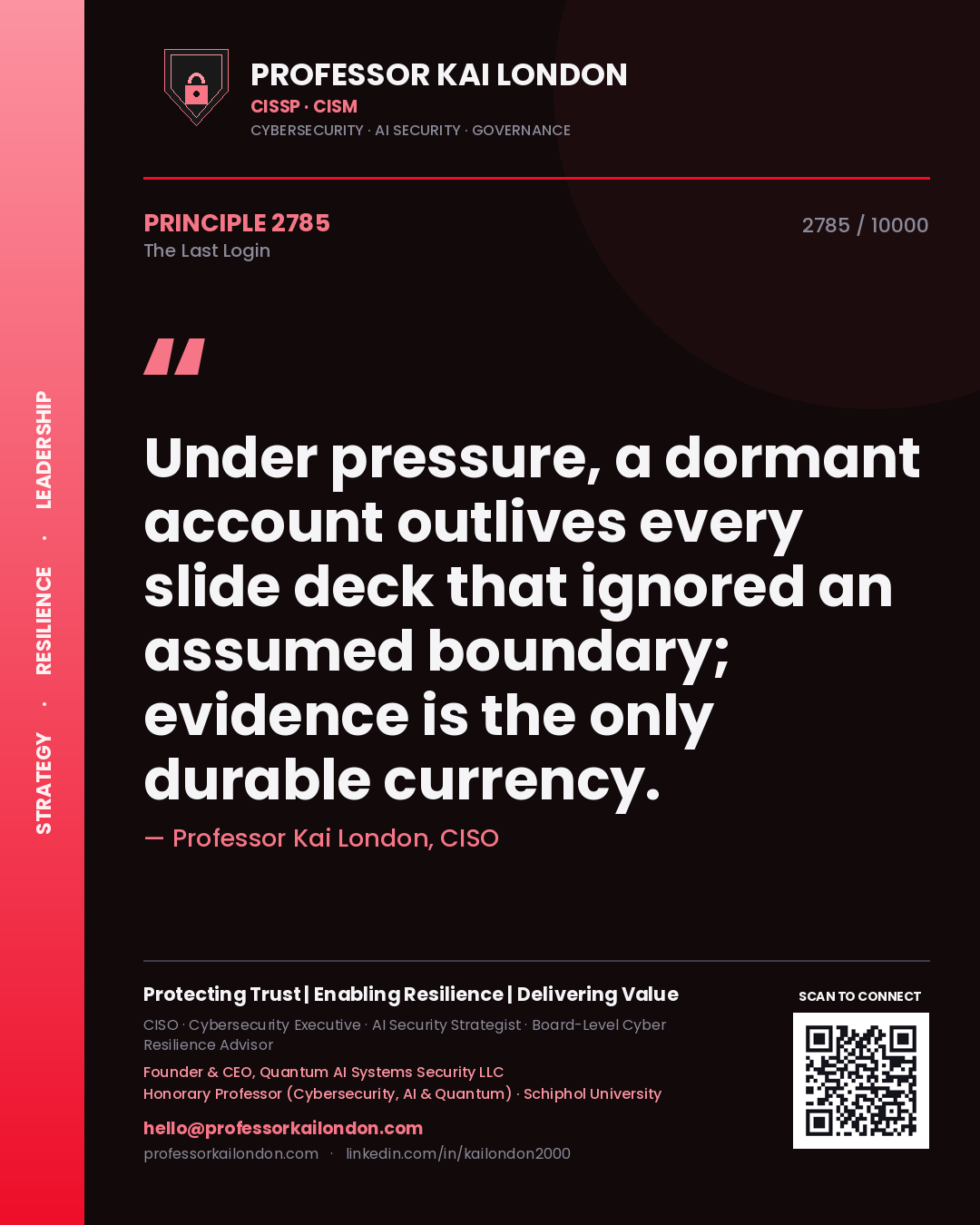 Quote card by Professor Kai London reading 'Under pressure, a dormant account outlives every slide deck that ignored an assumed boundary; evidence is the only durable currency.'. From the book The Last Login.