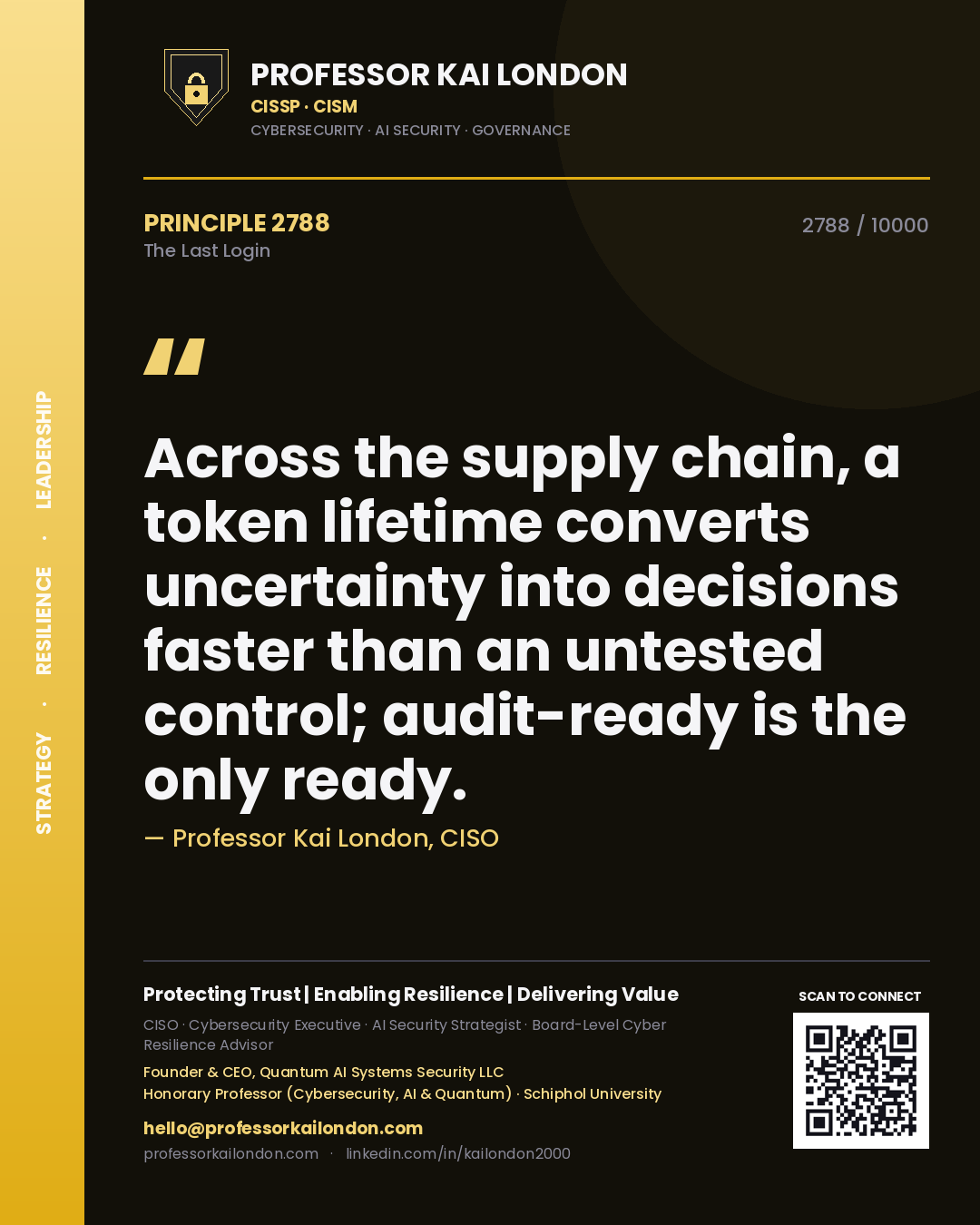 Professor Kai London principle 2788: Across the supply chain, a token lifetime converts uncertainty into decisions faster than an untested control; audit-ready is the only ready.