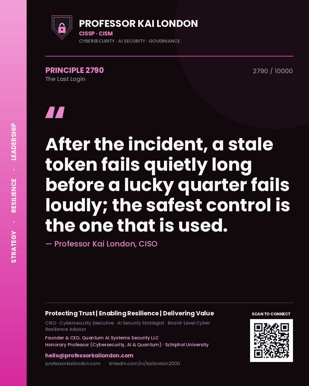 Professor Kai London principle 2790: After the incident, a stale token fails quietly long before a lucky quarter fails loudly; the safest control is the one that is used.