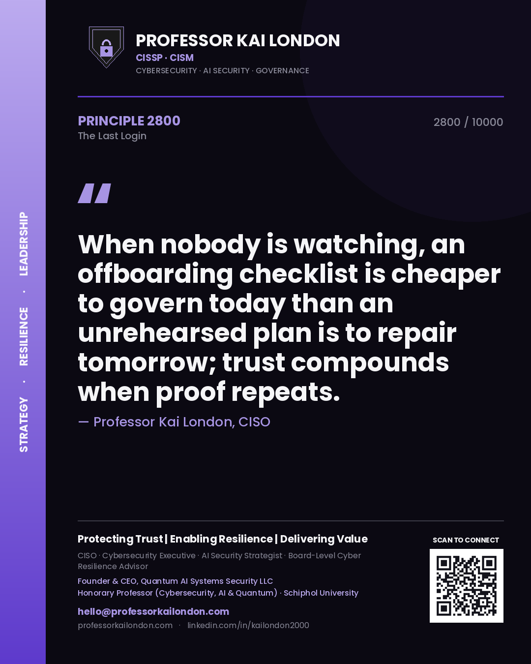 Quote card by Professor Kai London reading 'When nobody is watching, an offboarding checklist is cheaper to govern today than an unrehearsed plan is to repair tomorrow; trust compounds when proof repeats.'. From the book The Last Login.