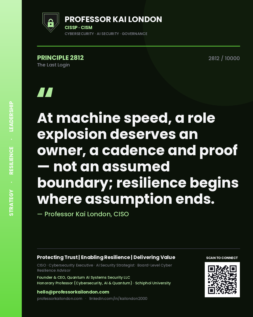 Quote card by Professor Kai London reading 'At machine speed, a role explosion deserves an owner, a cadence and proof — not an assumed boundary; resilience begins where assumption ends.'. From the book The Last Login.