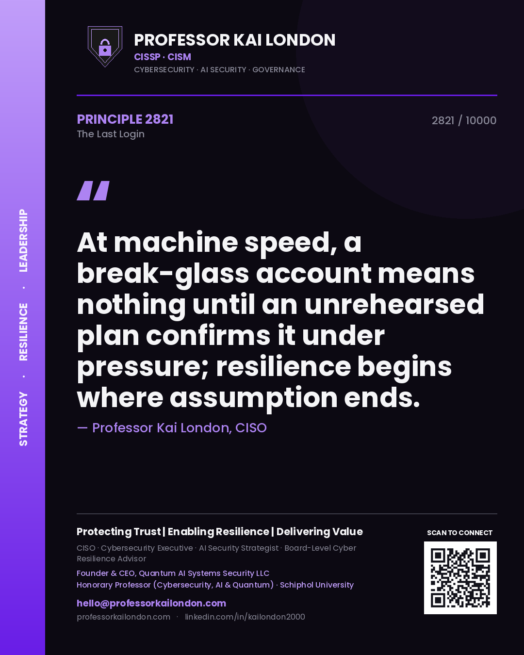 Quote card by Professor Kai London reading 'At machine speed, a break-glass account means nothing until an unrehearsed plan confirms it under pressure; resilience begins where assumption ends.'. From the book The Last Login.
