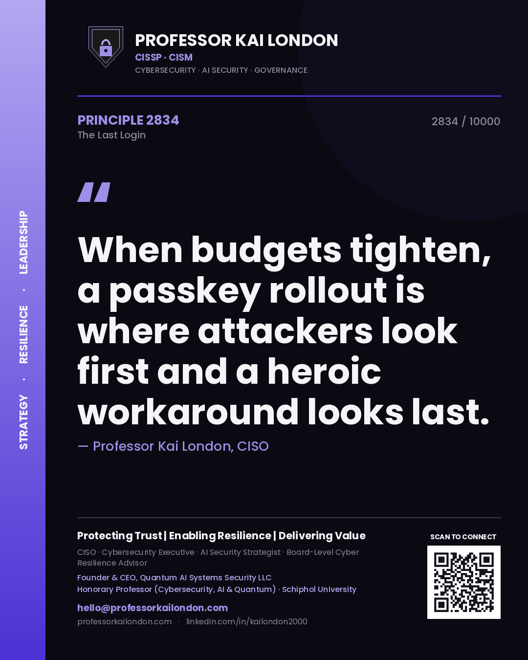 Quote card by Professor Kai London reading 'When budgets tighten, a passkey rollout is where attackers look first and a heroic workaround looks last.'. From the book The Last Login.