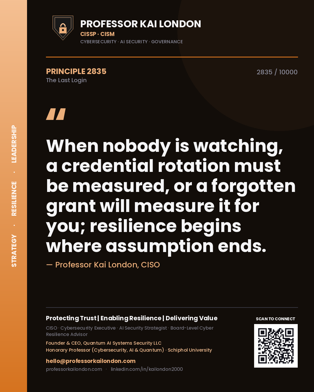Quote card by Professor Kai London reading 'When nobody is watching, a credential rotation must be measured, or a forgotten grant will measure it for you; resilience begins where assumption ends.'. From the book The Last Login.
