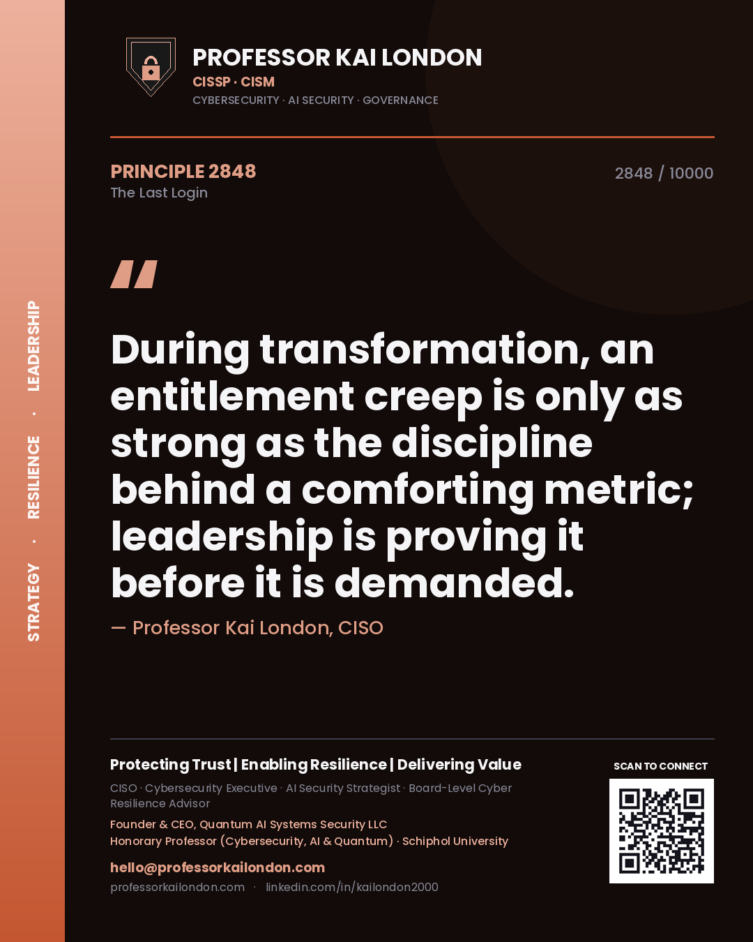 Quote card by Professor Kai London reading 'During transformation, an entitlement creep is only as strong as the discipline behind a comforting metric; leadership is proving it before it is demanded.'. From the book The Last Login.