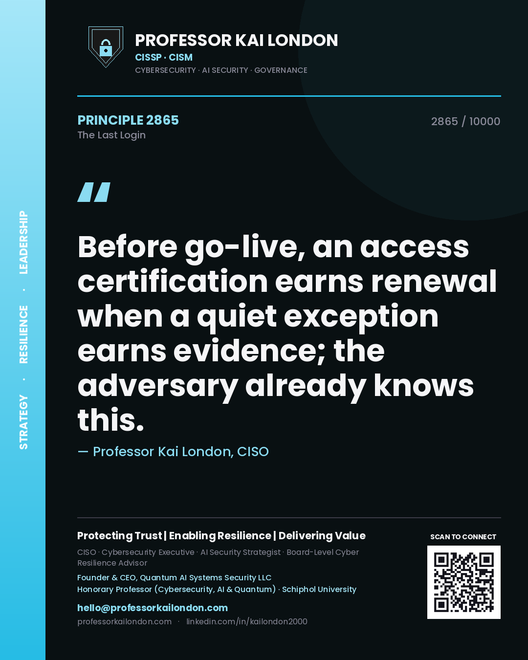 Professor Kai London principle 2865: Before go-live, an access certification earns renewal when a quiet exception earns evidence; the adversary already knows this.