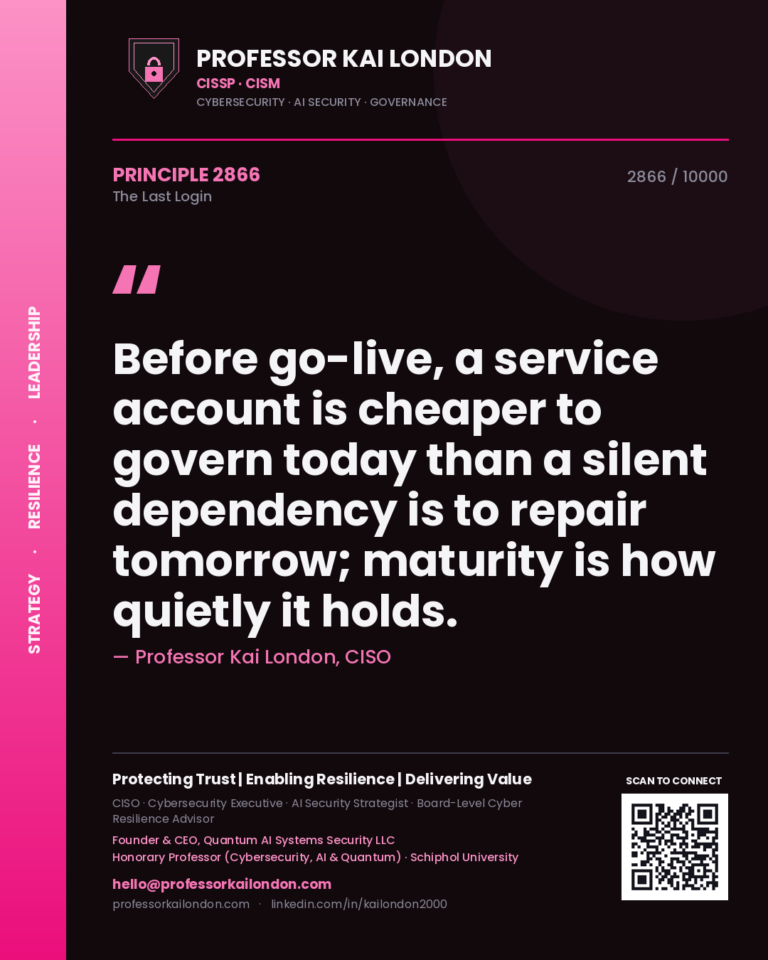 Quote card by Professor Kai London reading 'Before go-live, a service account is cheaper to govern today than a silent dependency is to repair tomorrow; maturity is how quietly it holds.'. From the book The Last Login.