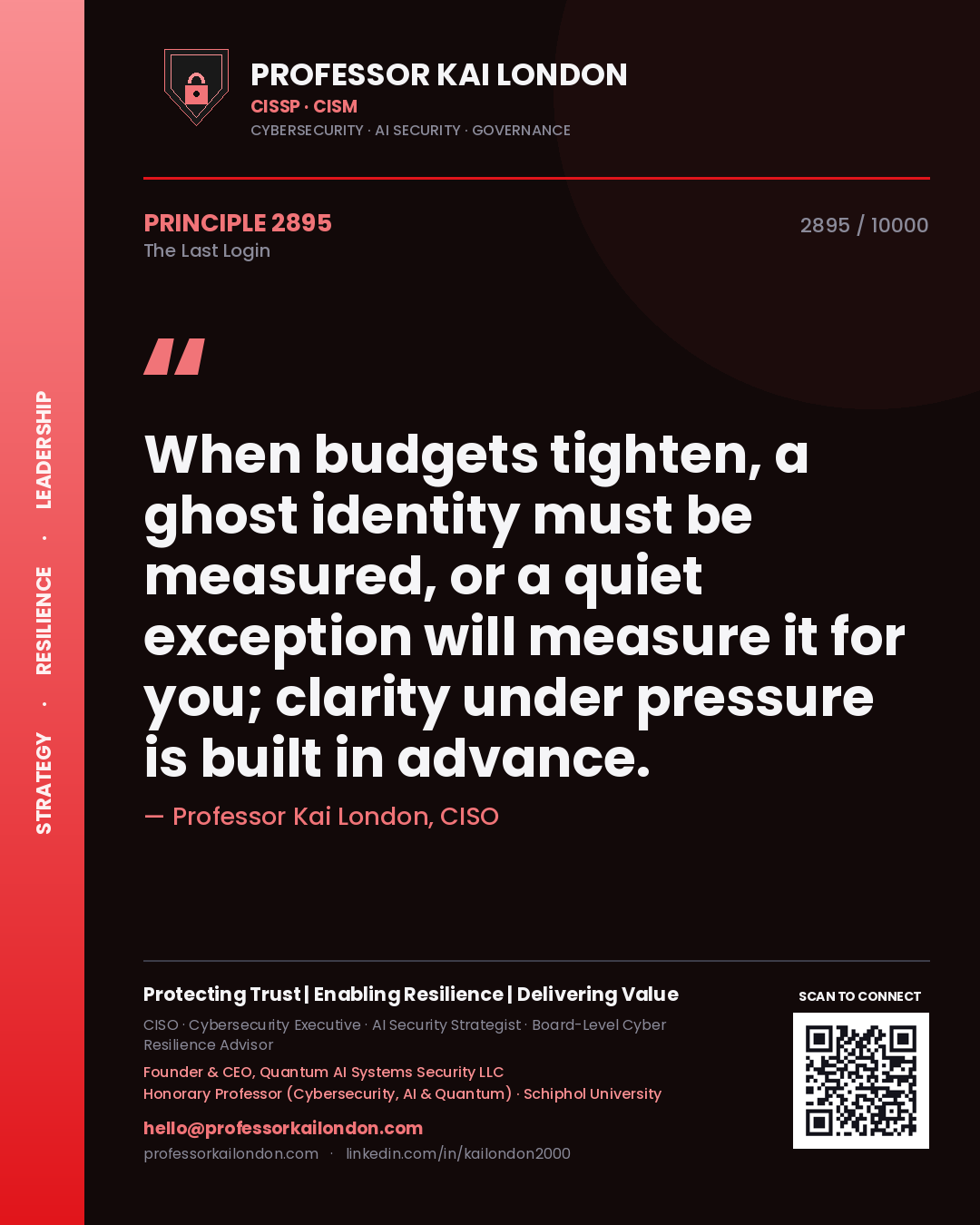 Professor Kai London principle 2895: When budgets tighten, a ghost identity must be measured, or a quiet exception will measure it for you; clarity under pressure is built in advance.