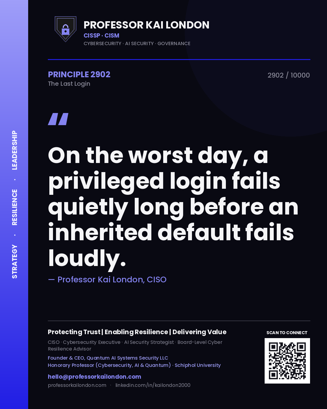 Quote card by Professor Kai London reading 'On the worst day, a privileged login fails quietly long before an inherited default fails loudly.'. From the book The Last Login.