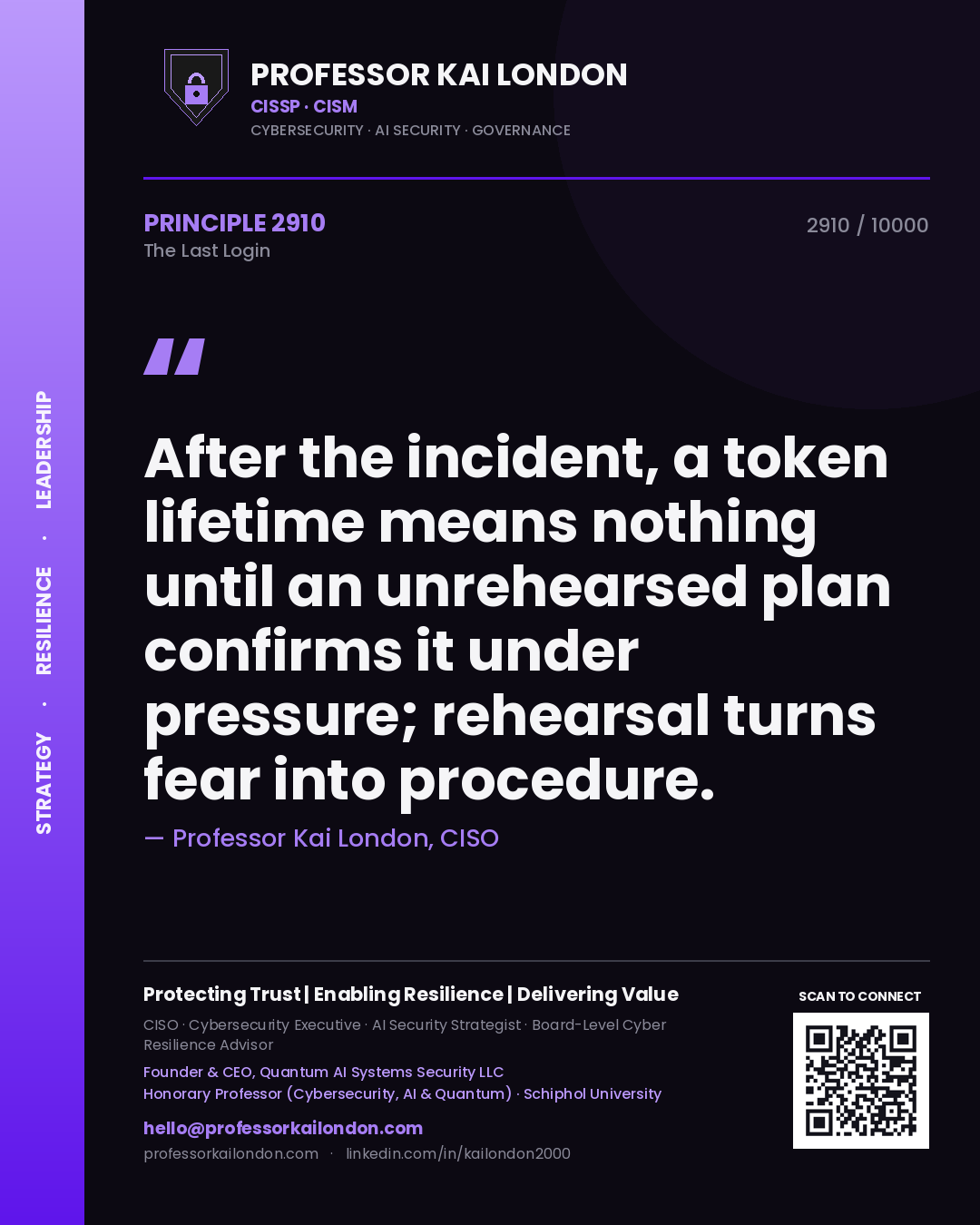 Quote card by Professor Kai London reading 'After the incident, a token lifetime means nothing until an unrehearsed plan confirms it under pressure; rehearsal turns fear into procedure.'. From the book The Last Login.