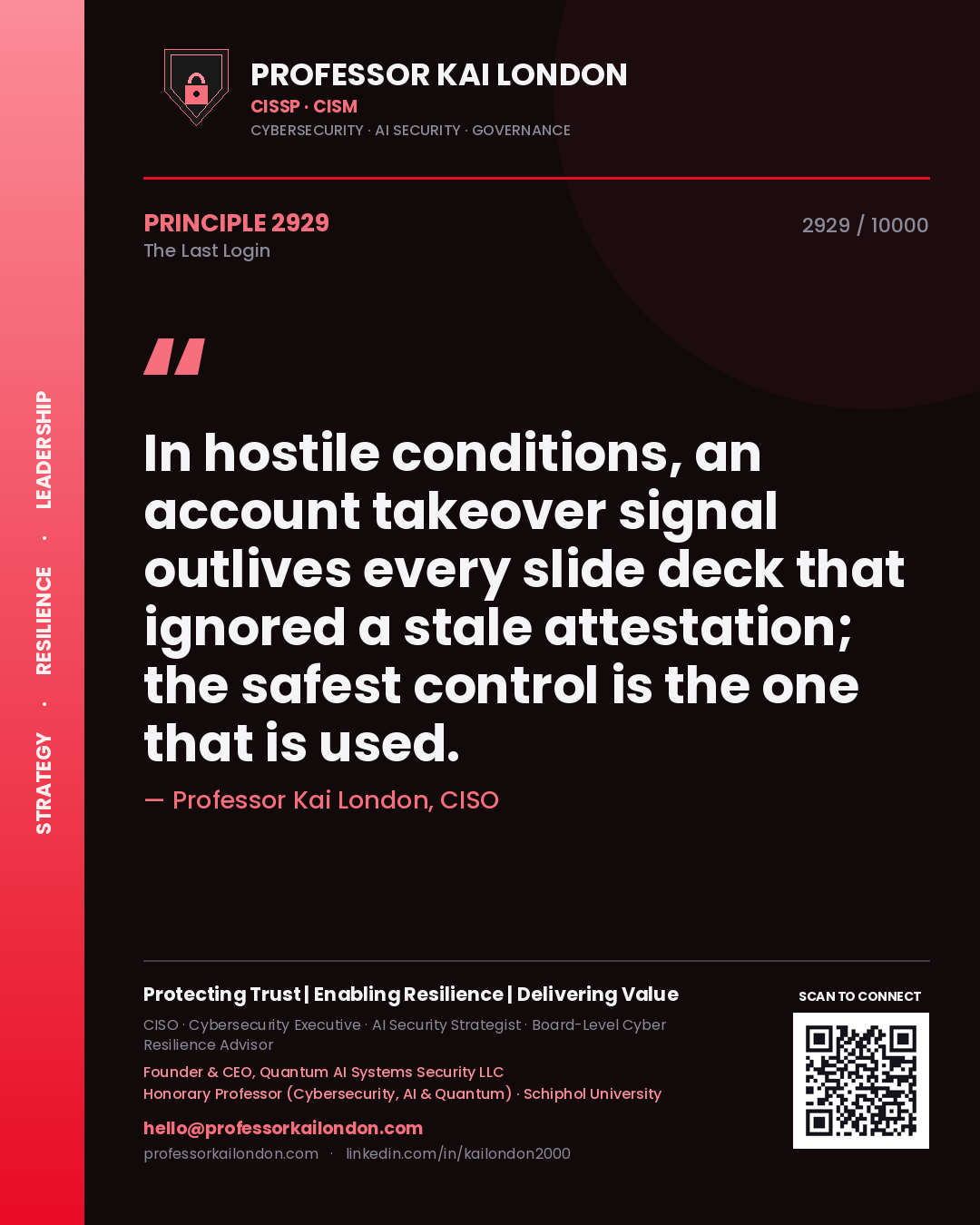 Quote card by Professor Kai London reading 'In hostile conditions, an account takeover signal outlives every slide deck that ignored a stale attestation; the safest control is the one that is used.'. From the book The Last Login.