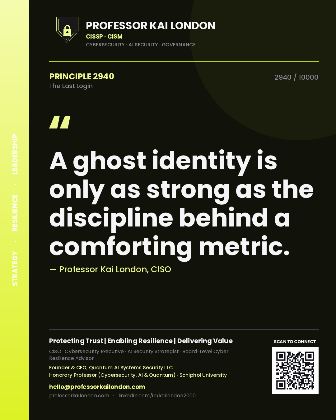 Quote card by Professor Kai London reading 'A ghost identity is only as strong as the discipline behind a comforting metric.'. From the book The Last Login.