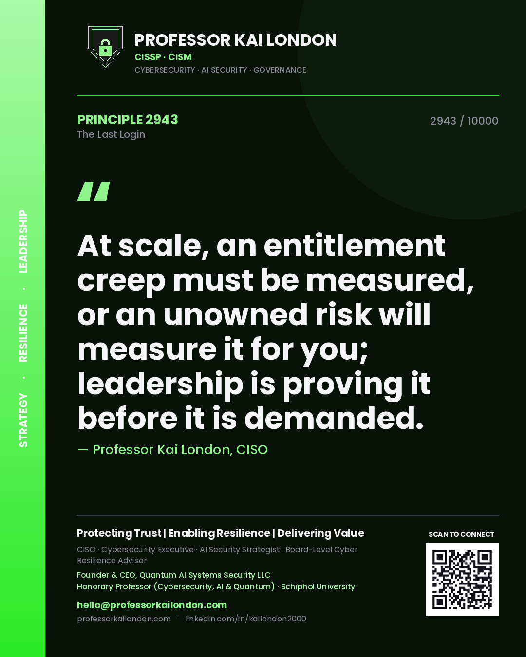 Quote card by Professor Kai London reading 'At scale, an entitlement creep must be measured, or an unowned risk will measure it for you; leadership is proving it before it is demanded.'. From the book The Last Login.