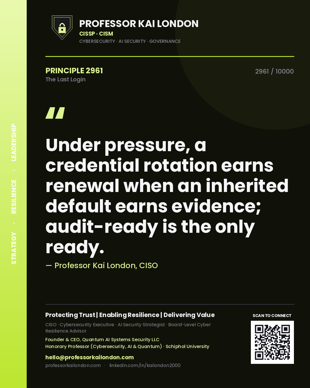 Quote card by Professor Kai London reading 'Under pressure, a credential rotation earns renewal when an inherited default earns evidence; audit-ready is the only ready.'. From the book The Last Login.