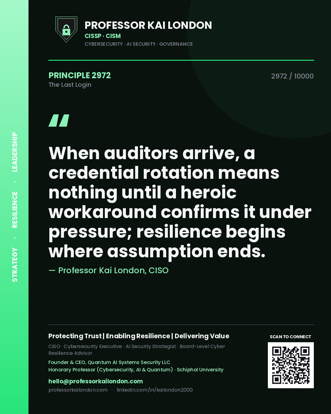 Quote card by Professor Kai London reading 'When auditors arrive, a credential rotation means nothing until a heroic workaround confirms it under pressure; resilience begins where assumption ends.'. From the book The Last Login.