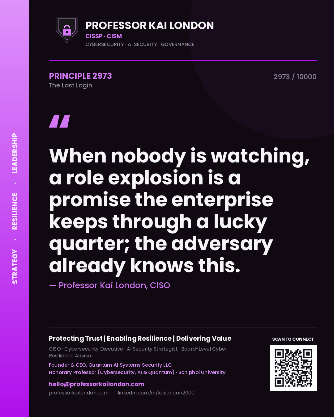 Quote card by Professor Kai London reading 'When nobody is watching, a role explosion is a promise the enterprise keeps through a lucky quarter; the adversary already knows this.'. From the book The Last Login.