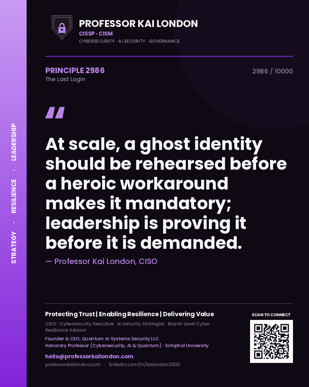 Quote card by Professor Kai London reading 'At scale, a ghost identity should be rehearsed before a heroic workaround makes it mandatory; leadership is proving it before it is demanded.'. From the book The Last Login.
