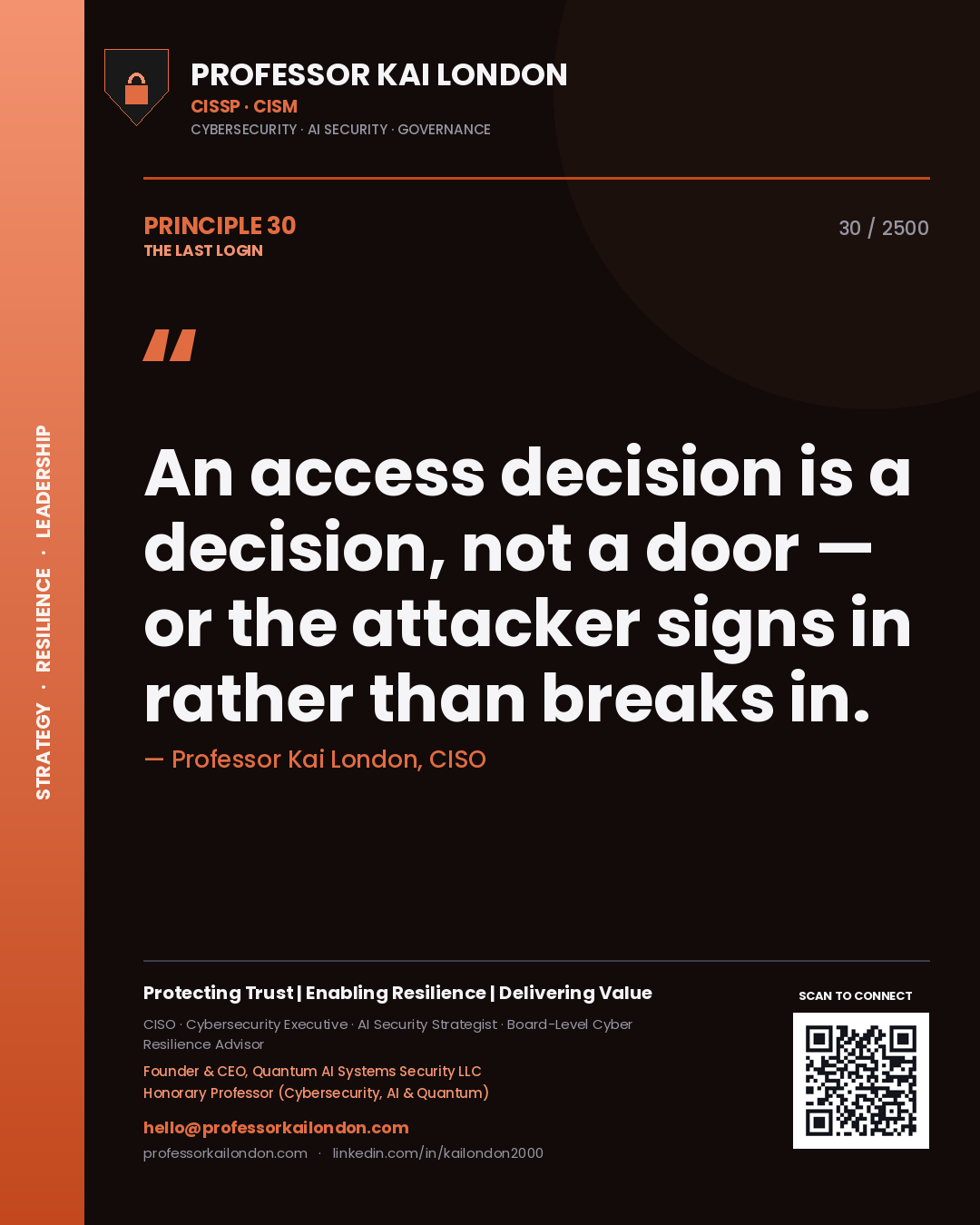 Professor Kai London principle 30: An access decision is a decision, not a door — or the attacker signs in rather than breaks in.