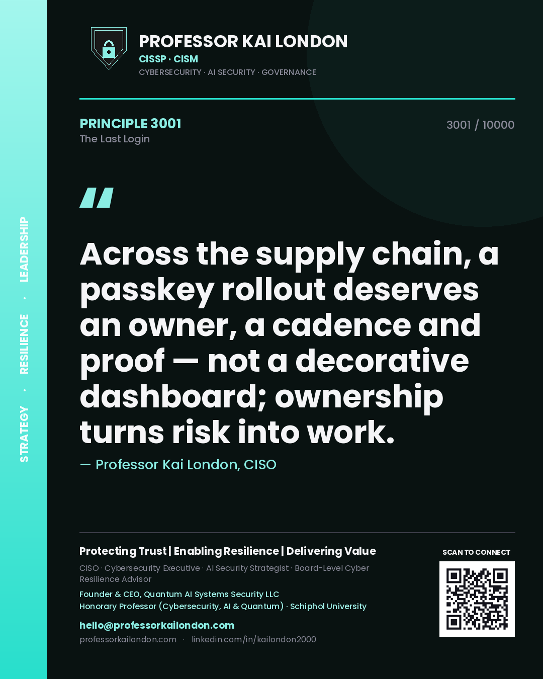 Quote card by Professor Kai London reading 'Across the supply chain, a passkey rollout deserves an owner, a cadence and proof — not a decorative dashboard; ownership turns risk into work.'. From the book The Last Login.