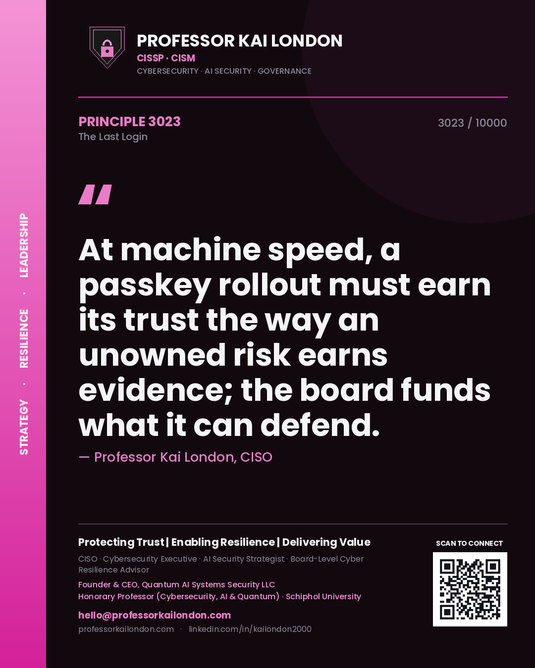 Quote card by Professor Kai London reading 'At machine speed, a passkey rollout must earn its trust the way an unowned risk earns evidence; the board funds what it can defend.'. From the book The Last Login.