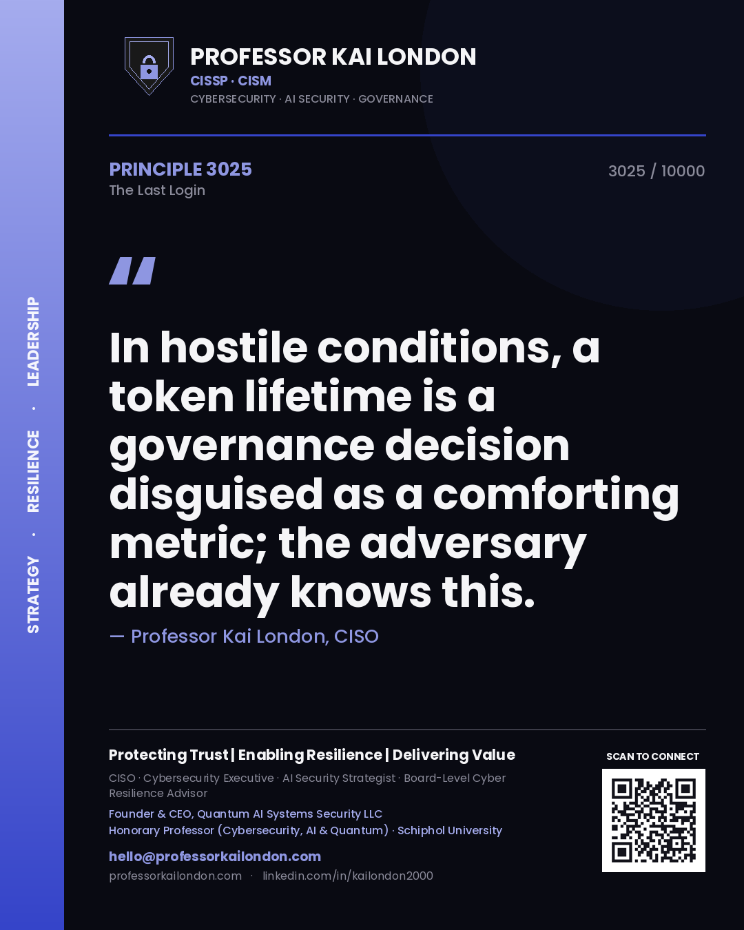Quote card by Professor Kai London reading 'In hostile conditions, a token lifetime is a governance decision disguised as a comforting metric; the adversary already knows this.'. From the book The Last Login.
