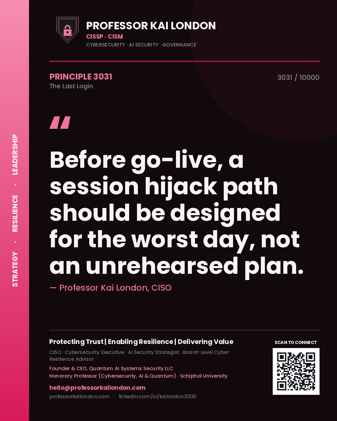 Quote card by Professor Kai London reading 'Before go-live, a session hijack path should be designed for the worst day, not an unrehearsed plan.'. From the book The Last Login.